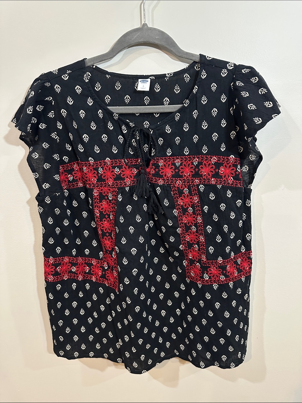 Old Navy Black Print Blouse with Red Embroidered Trim